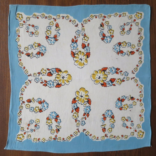 Vintage 1930's Silk Handkerchief- Blue & Yellow Floral Swags