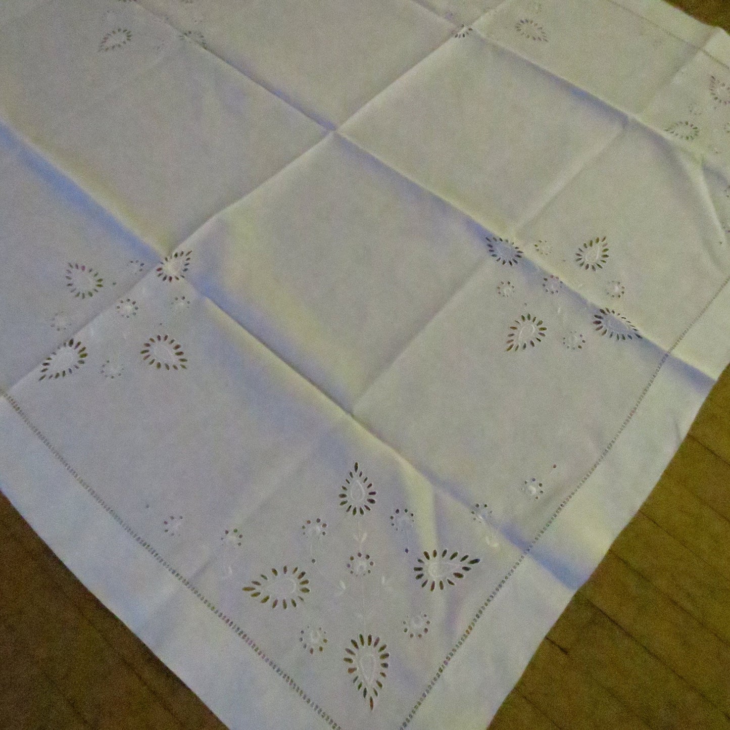 Art Deco Edwardian Irish Linen Table Cloth- Hand Worked Whitework Eyelet Embroidery & Drawn Threads