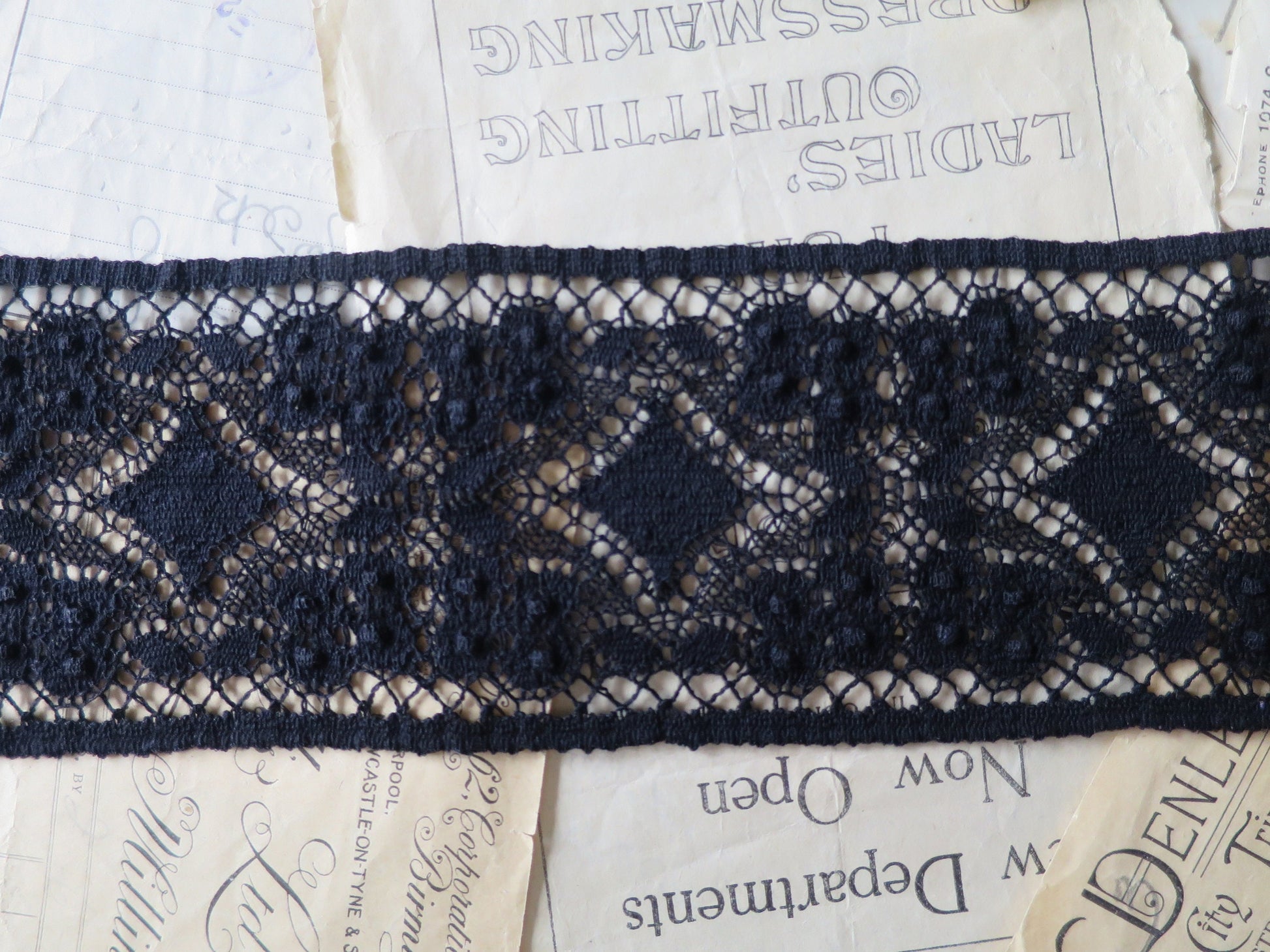 Black English Nottingham Cluny Lace- Diamond & Raised Spots Torchon Guipure- Insertion- 9 cm