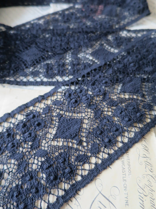 Black English Nottingham Cluny Lace- Diamond & Raised Spots Torchon Guipure- Insertion- 9 cm