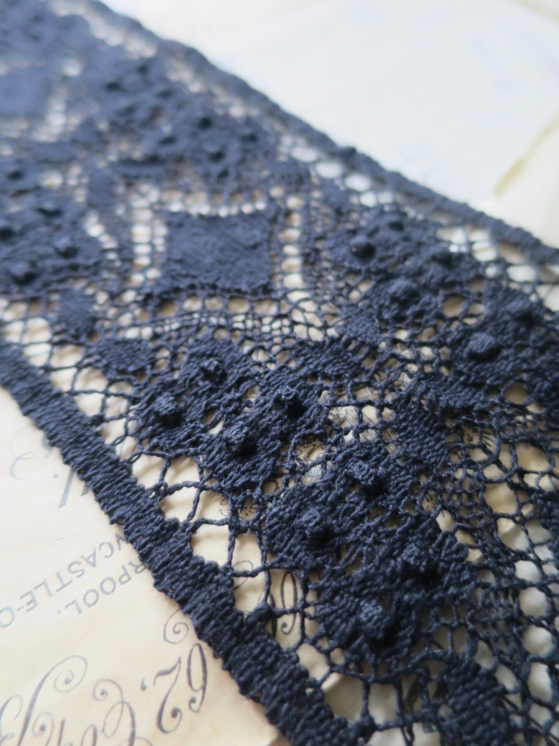 Black English Nottingham Cluny Lace- Diamond & Raised Spots Torchon Guipure- Insertion- 9 cm