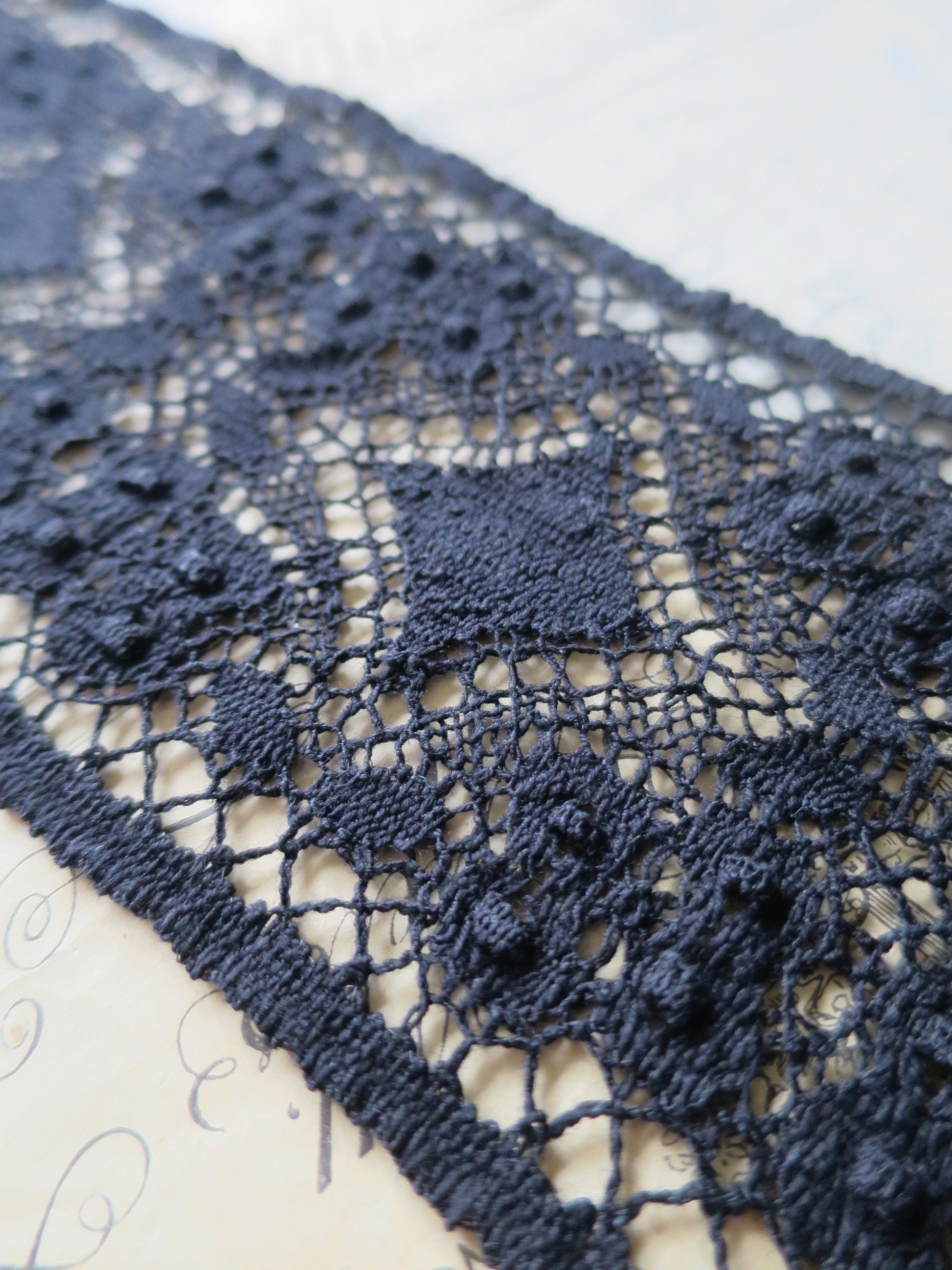 Black English Nottingham Cluny Lace- Diamond & Raised Spots Torchon Guipure- Insertion- 9 cm