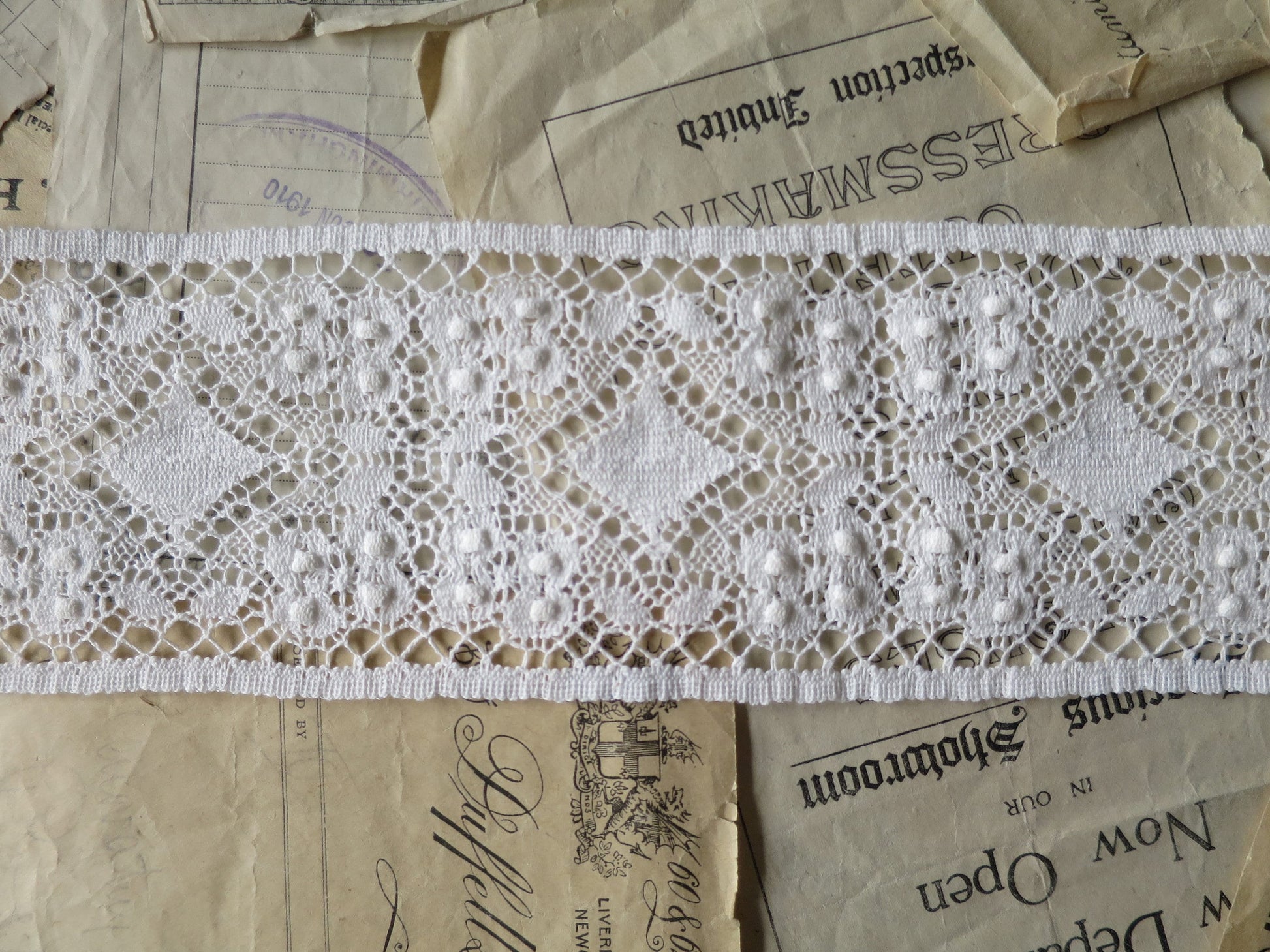 Off White English Nottingham Cluny Lace- Diamond & Raised Spots Torchon Guipure- Insertion- 9 cm