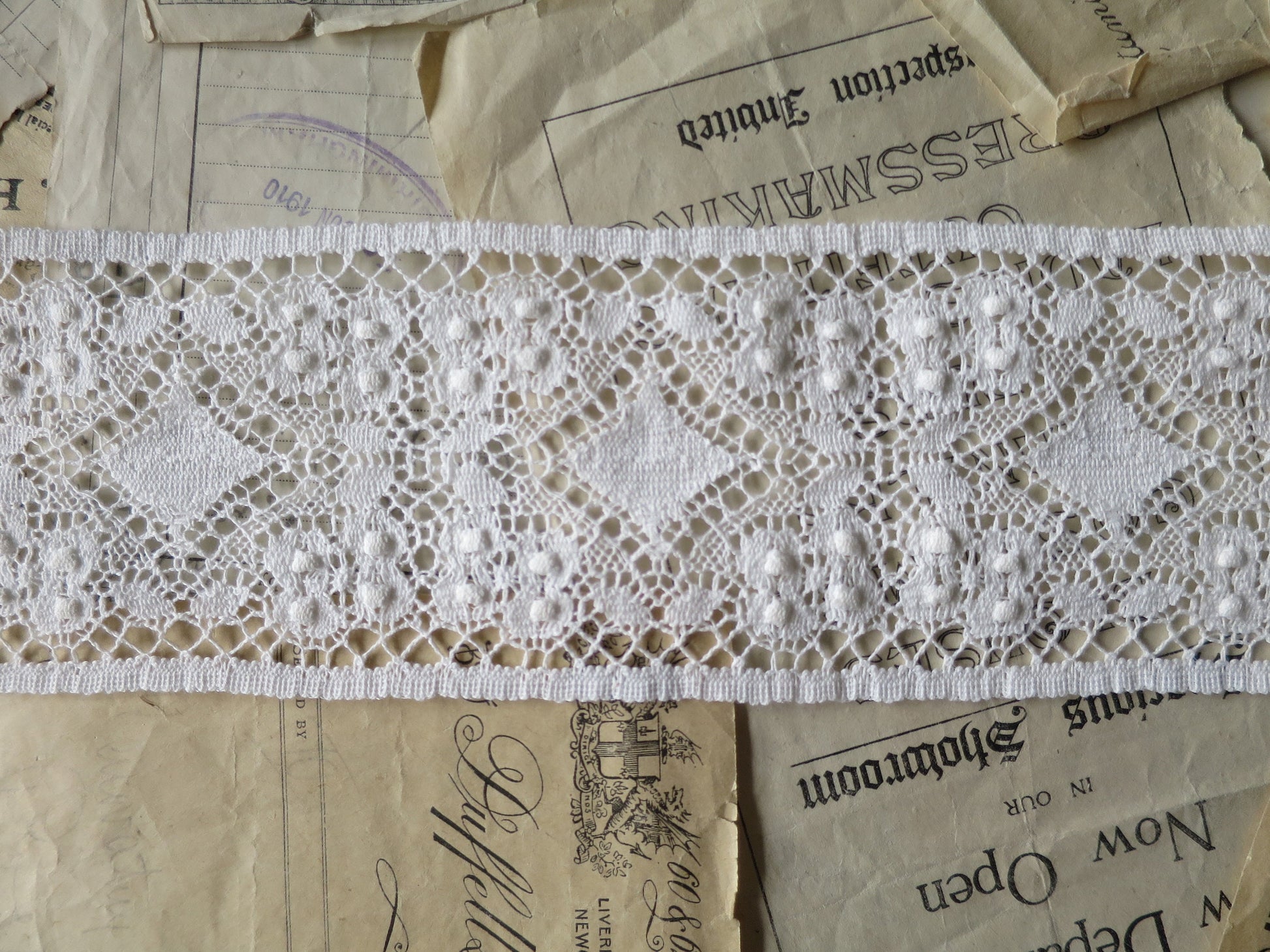 Off White English Nottingham Cluny Lace- Diamond & Raised Spots Torchon Guipure- Insertion- 9 cm