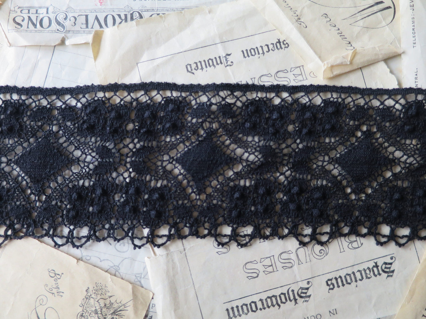 Black English Nottingham Cluny Lace- Diamond & Raised Spots Torchon Guipure - 9 cm