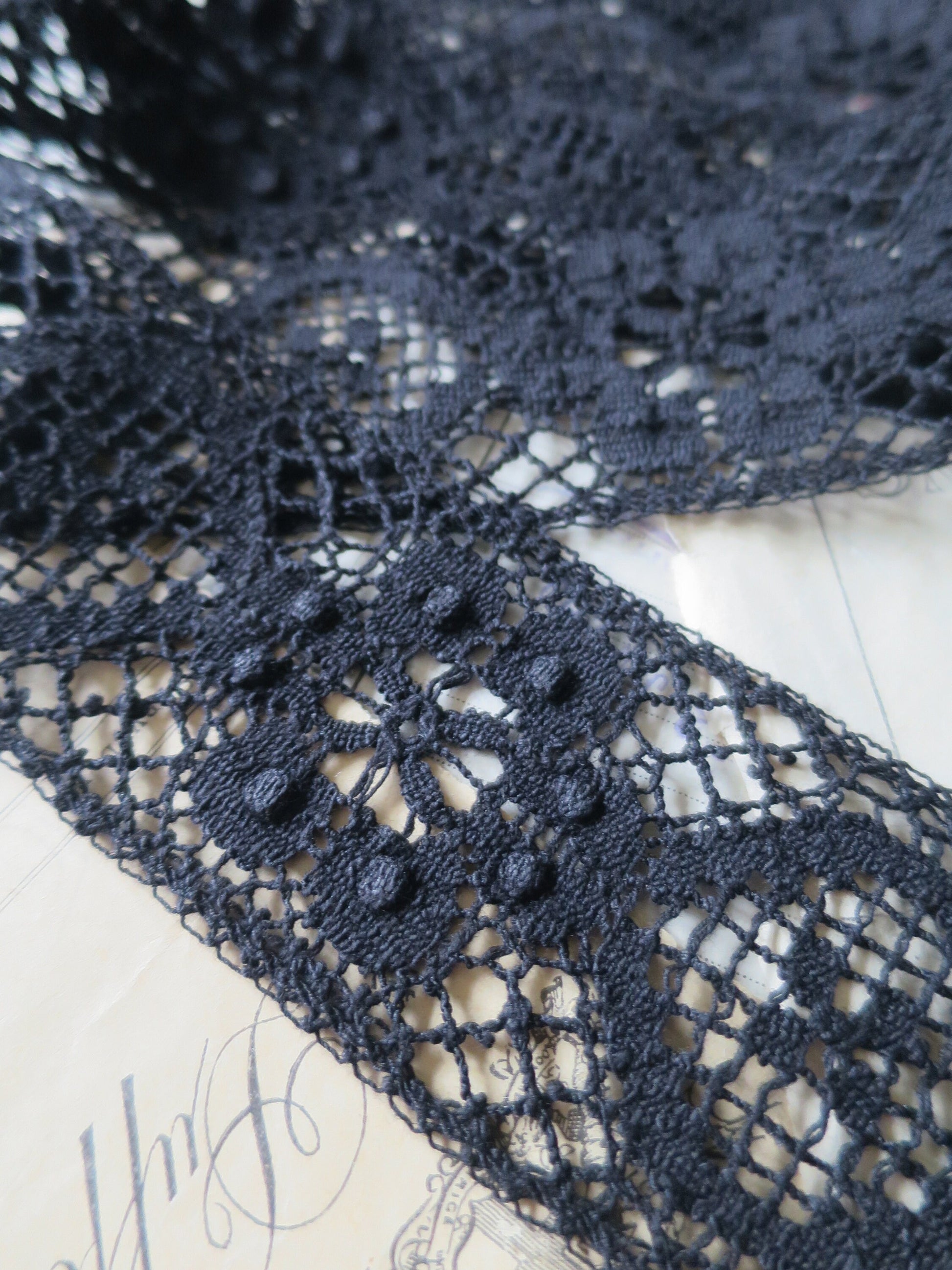 Black English Nottingham Cluny Lace- Raised Floral & Oval Torchon Guipure- Insertion- 6 cm