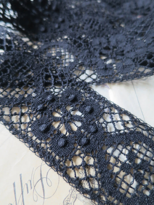 Black English Nottingham Cluny Lace- Raised Floral & Oval Torchon Guipure- Insertion- 6 cm