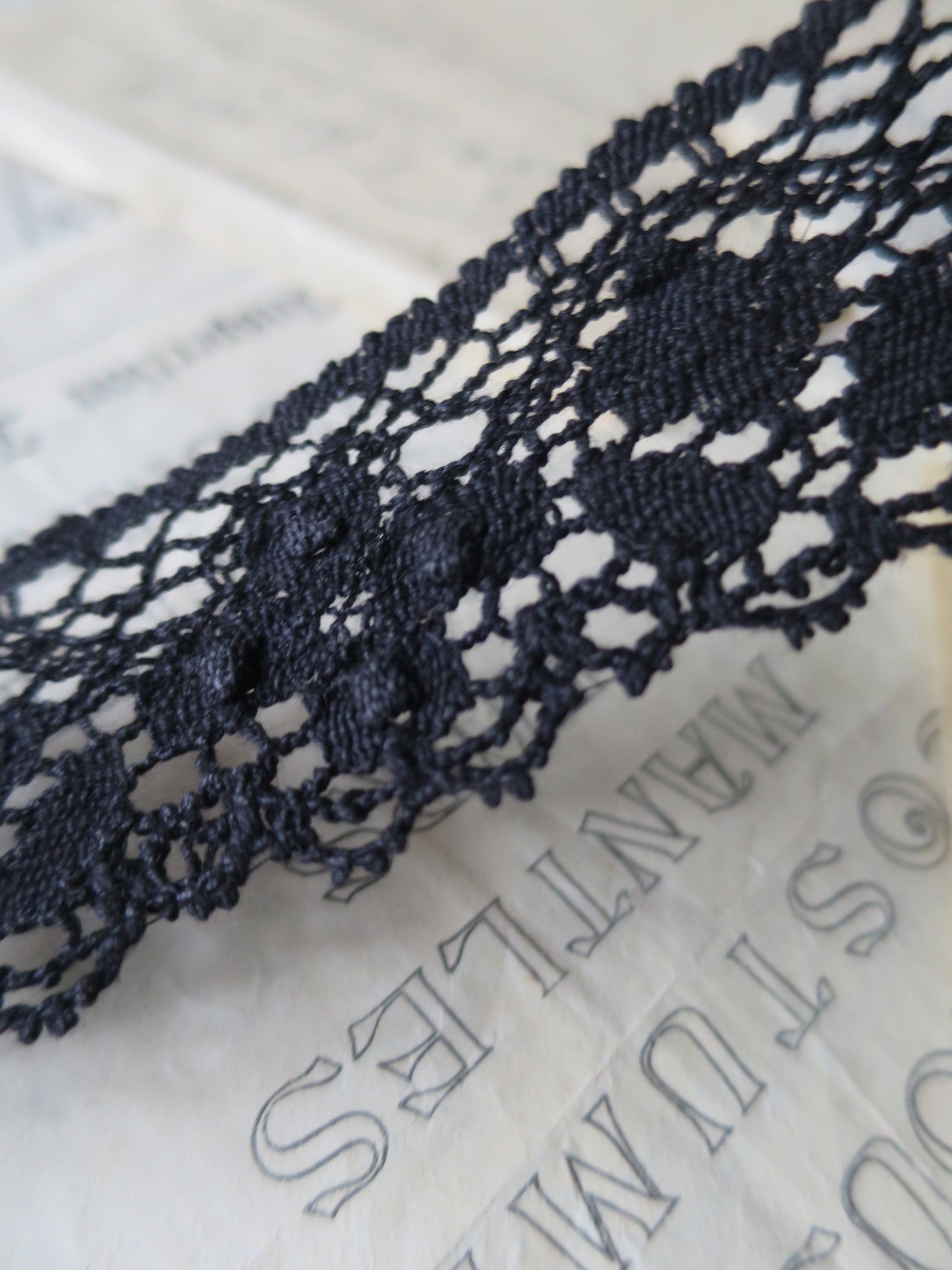 Black English Nottingham Cluny Lace- Diamond & Raised Spots Torchon Guipure - 4.3 cm