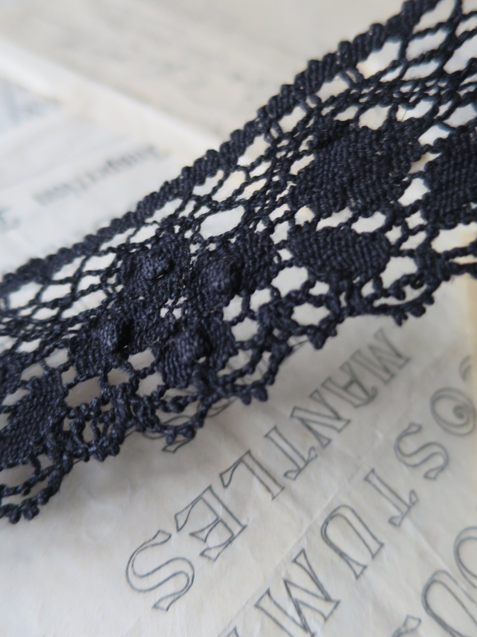 Black English Nottingham Cluny Lace- Diamond & Raised Spots Torchon Guipure - 4.3 cm