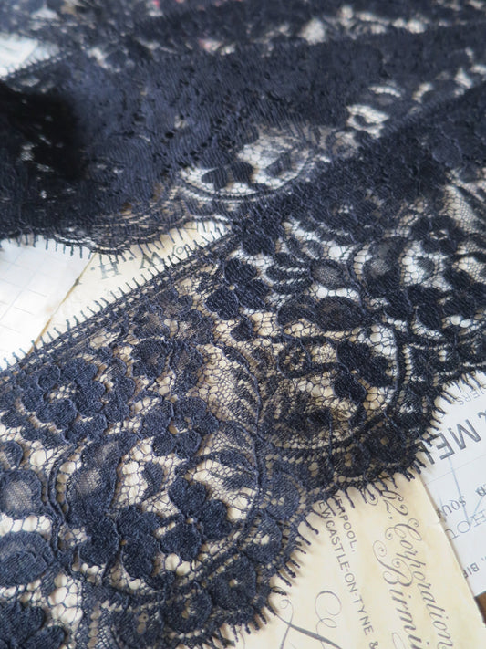 Black English Nottingham Lace- Floral Honiton - 9.8 cm Sold by the Half Meter