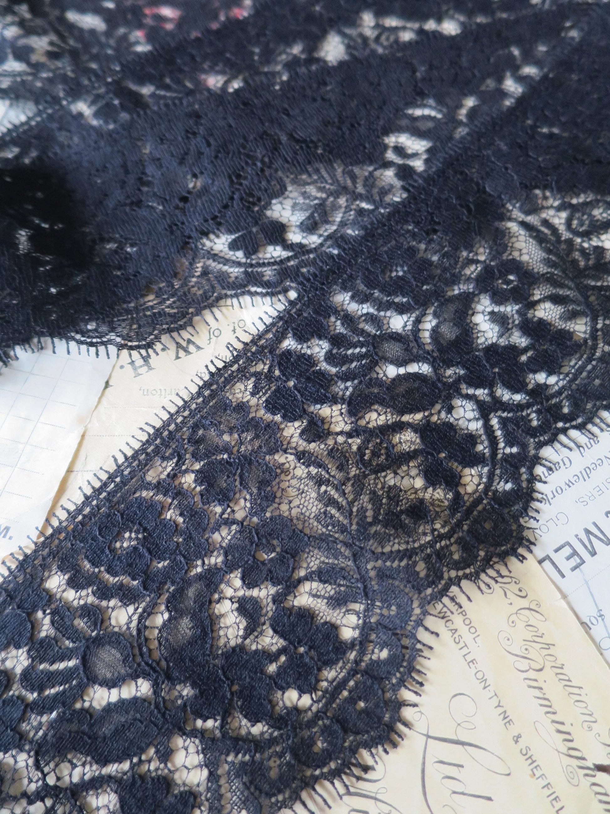 Black English Nottingham Lace- Floral Honiton - 9.8 cm Sold by the Half Meter