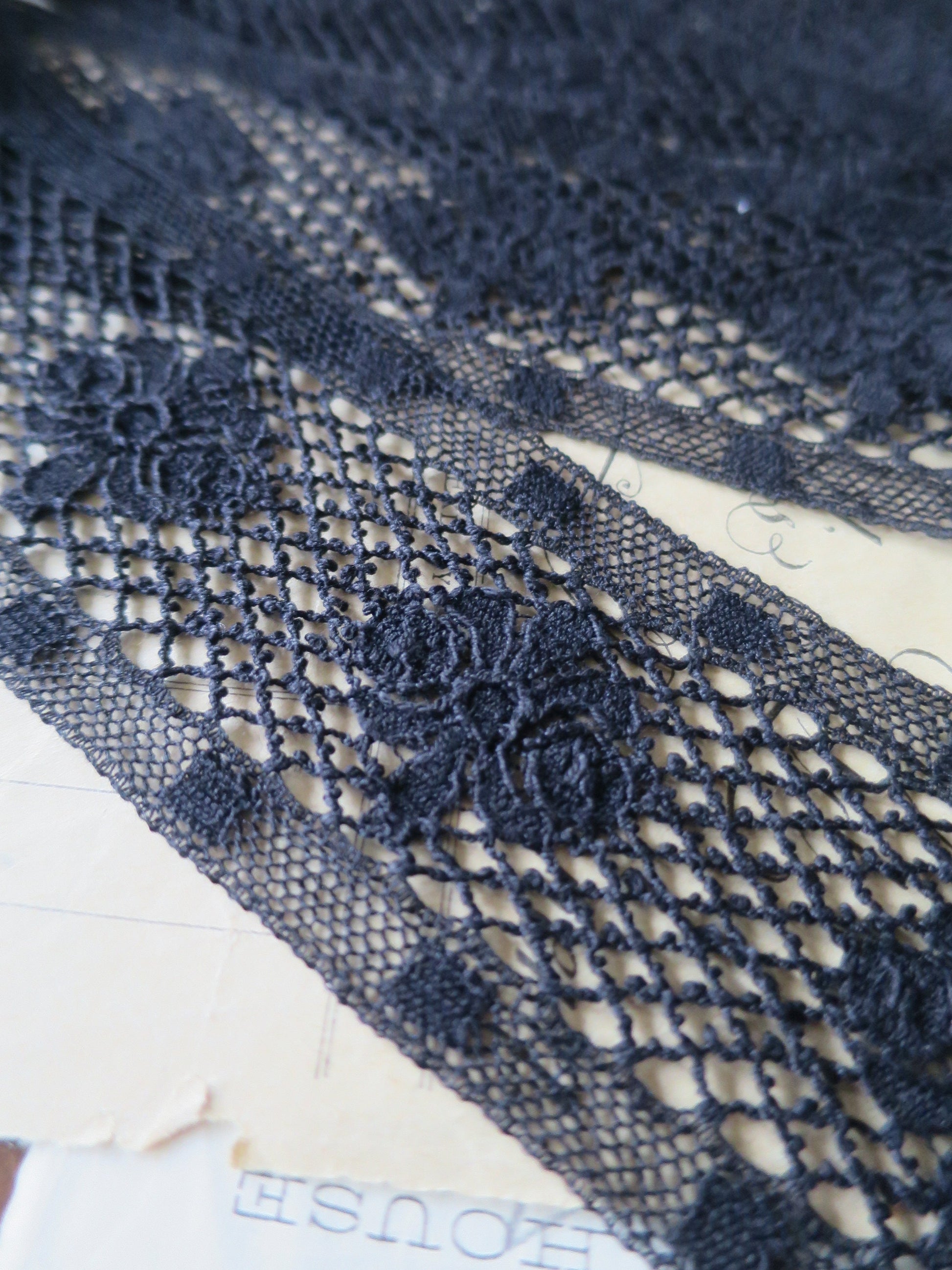 Black English Nottingham Lace- Scalloped Trellis Guipure- Insertion- 5.5 cm
