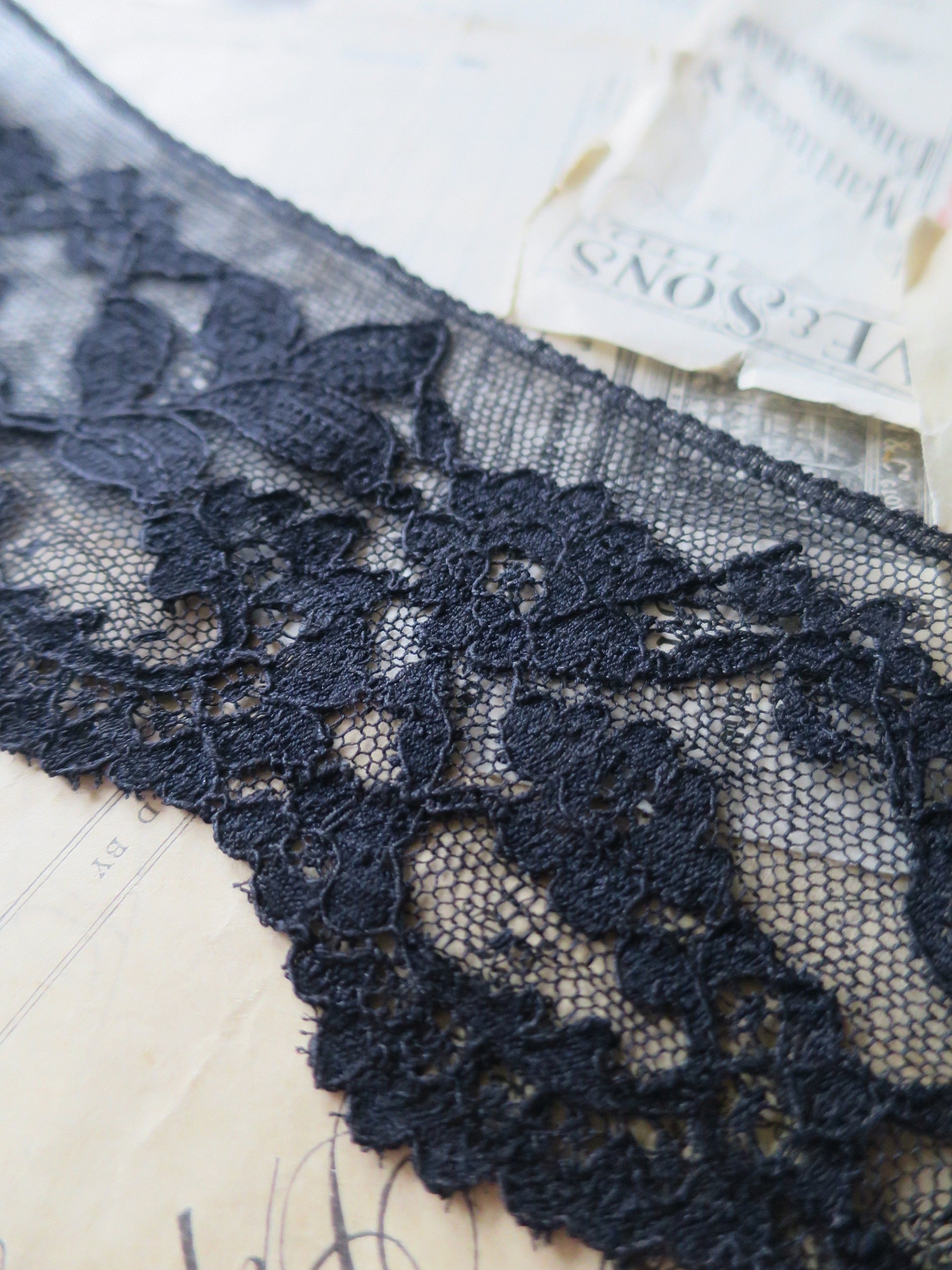 Black English Nottingham Lace- Chantilly Swags & Flowers 7.5 cm