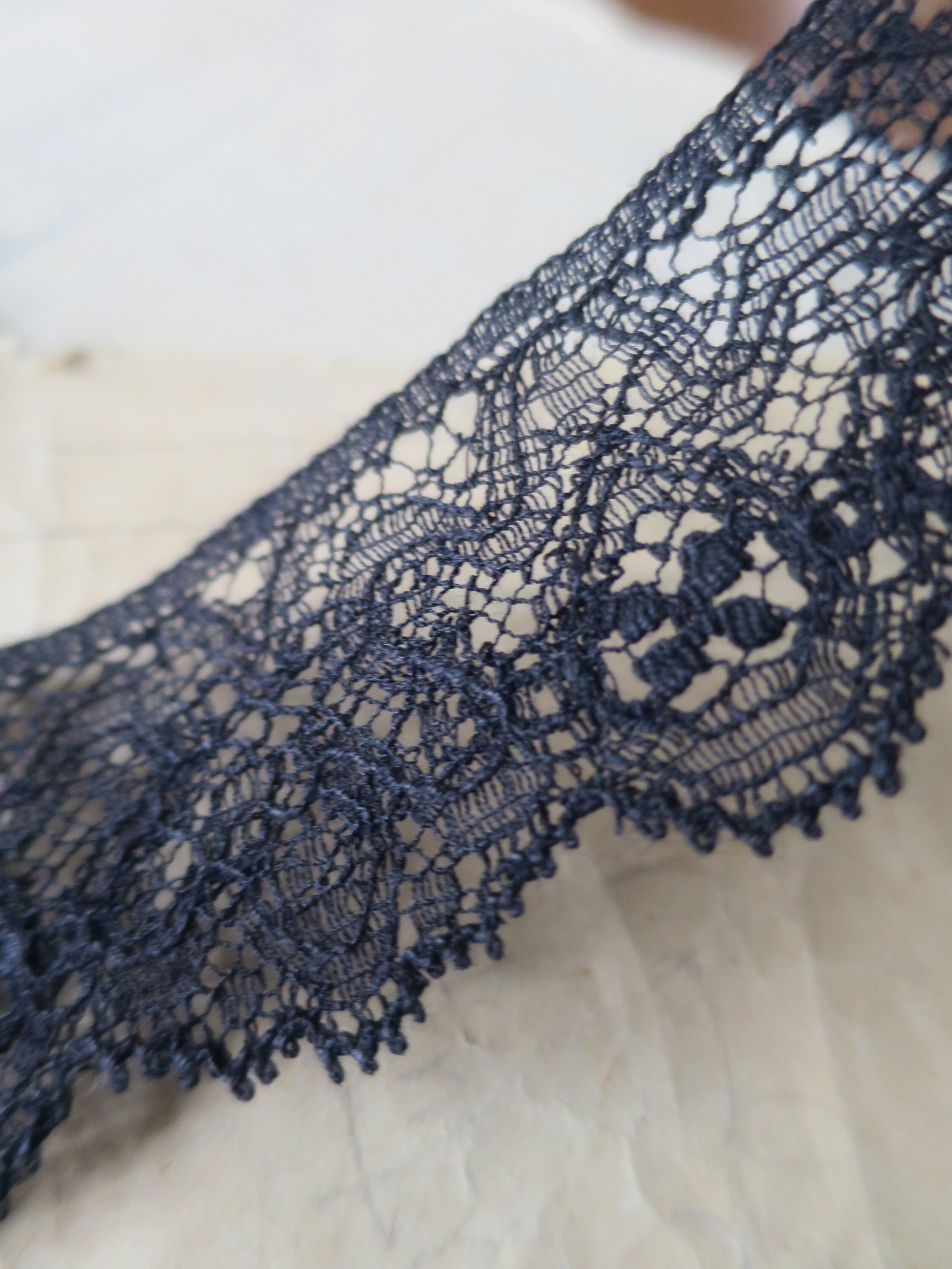 Black English Nottingham Lace- Intricate Frothy Guipure- 3.7 cm