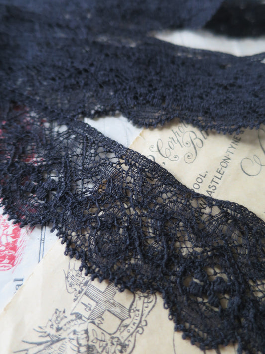 Black English Nottingham Lace- Intricate Frothy Guipure- 3.7 cm