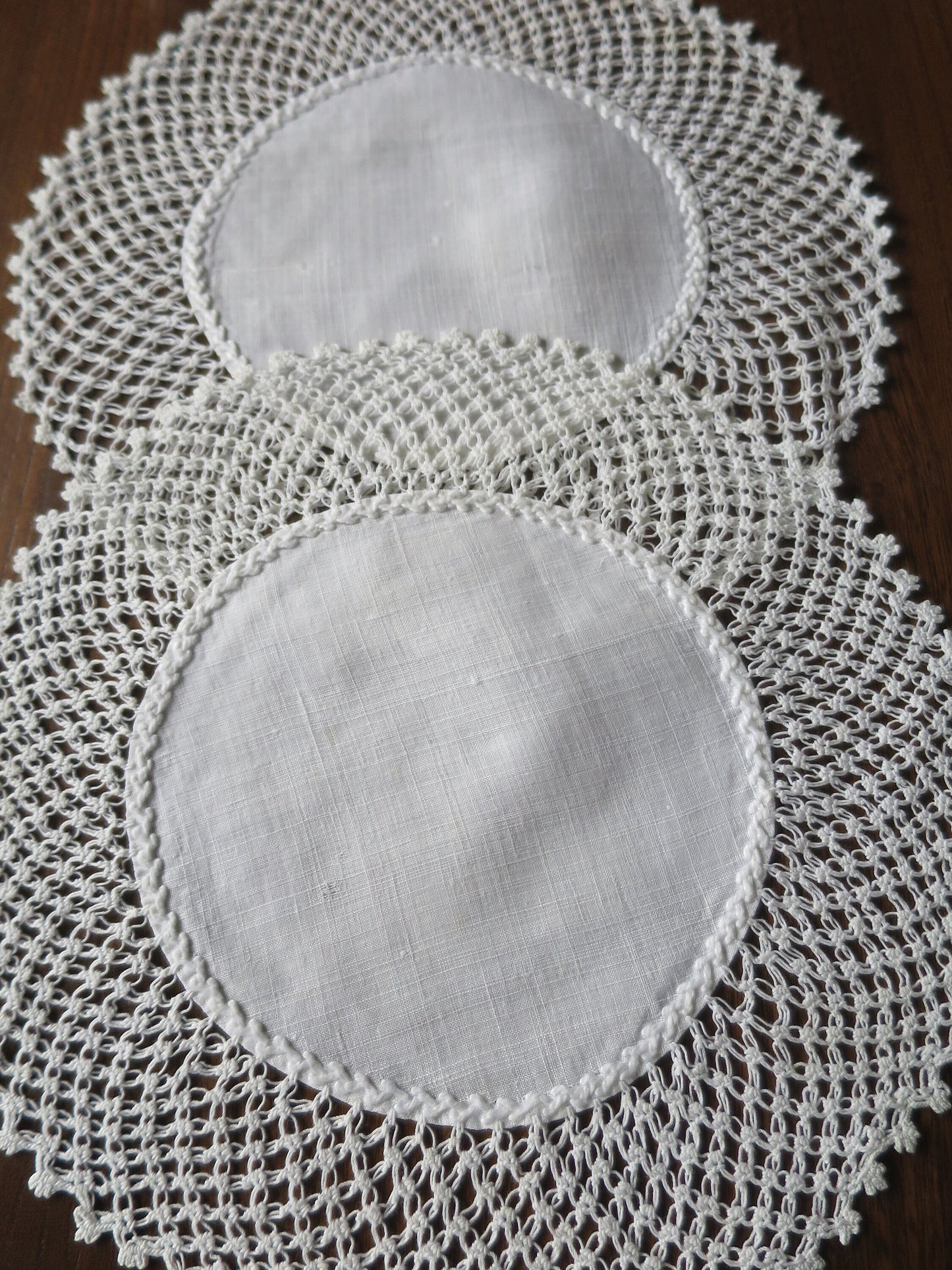Pair Antique Hand Embroidered Linen & Hand Knotted Lace Doilies
