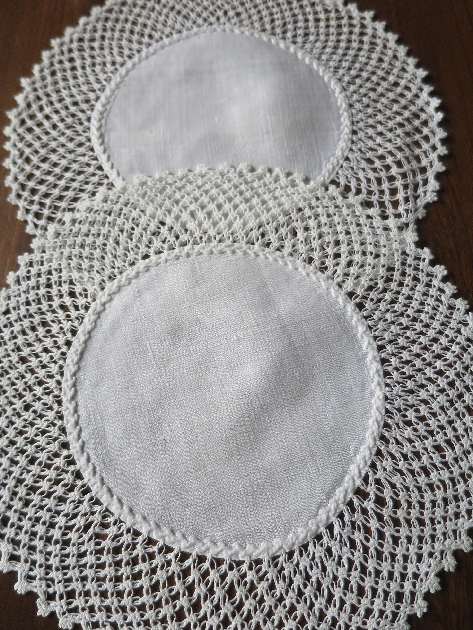 Pair Antique Hand Embroidered Linen & Hand Knotted Lace Doilies