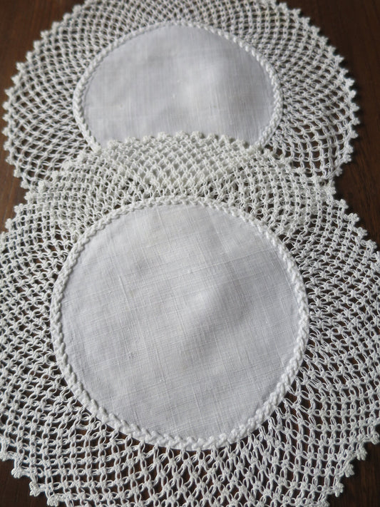 Pair Antique Hand Embroidered Linen & Hand Knotted Lace Doilies