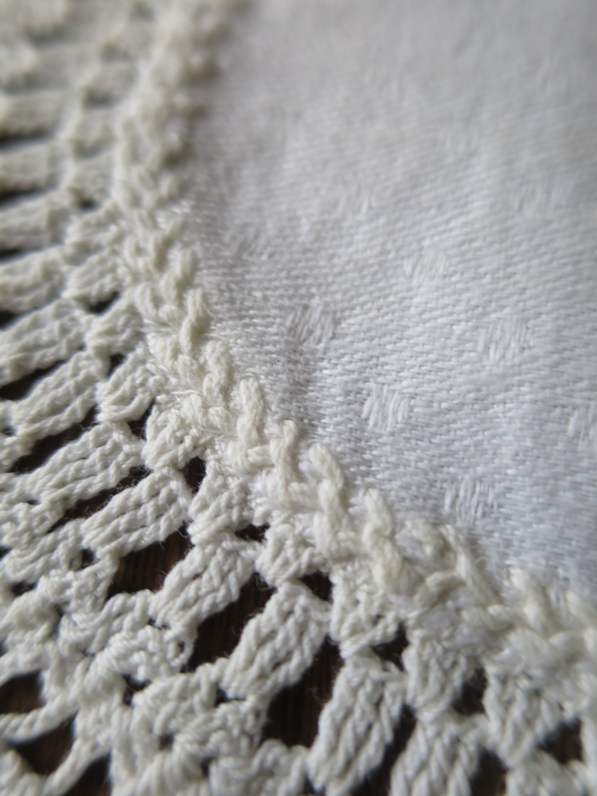 Antique Linen Damask Doily- Hand Embroidery & Hand Worked Crochet