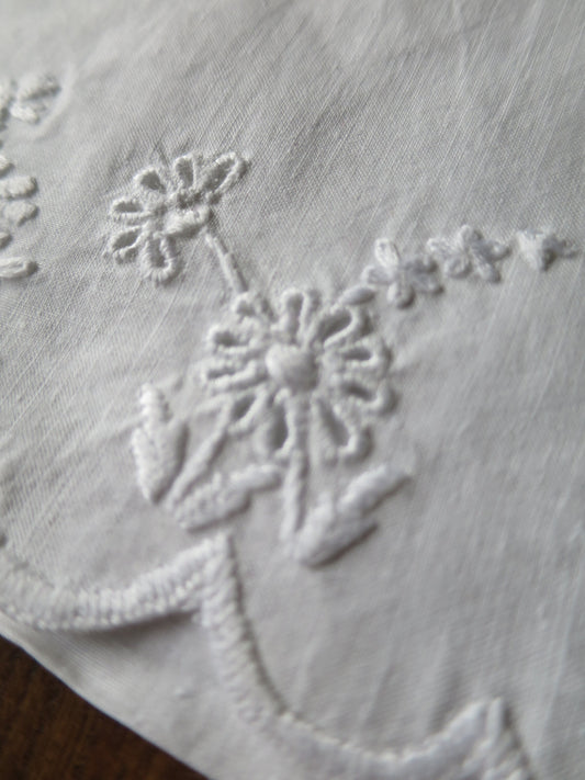 Antique Irish Linen Handkerchief Case- Hand Embroidered Whitework Flowers