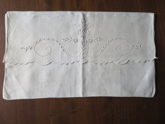 Antique Irish Linen Handkerchief Case- Hand Embroidered Whitework Eyelets