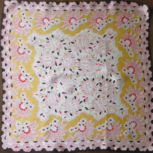 Vintage 1950's Silk Handkerchief- Ochre and Red