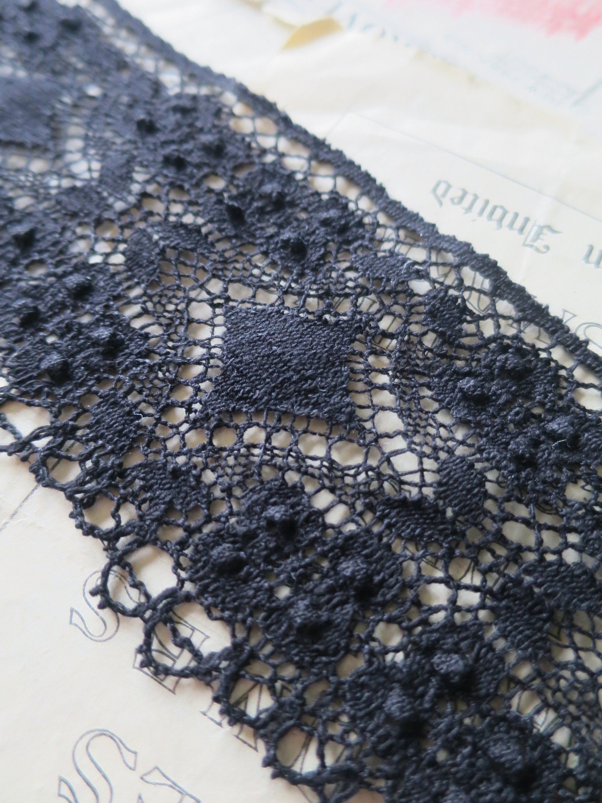 Black English Nottingham Cluny Lace- Diamond & Raised Spots Torchon Guipure - 9 cm