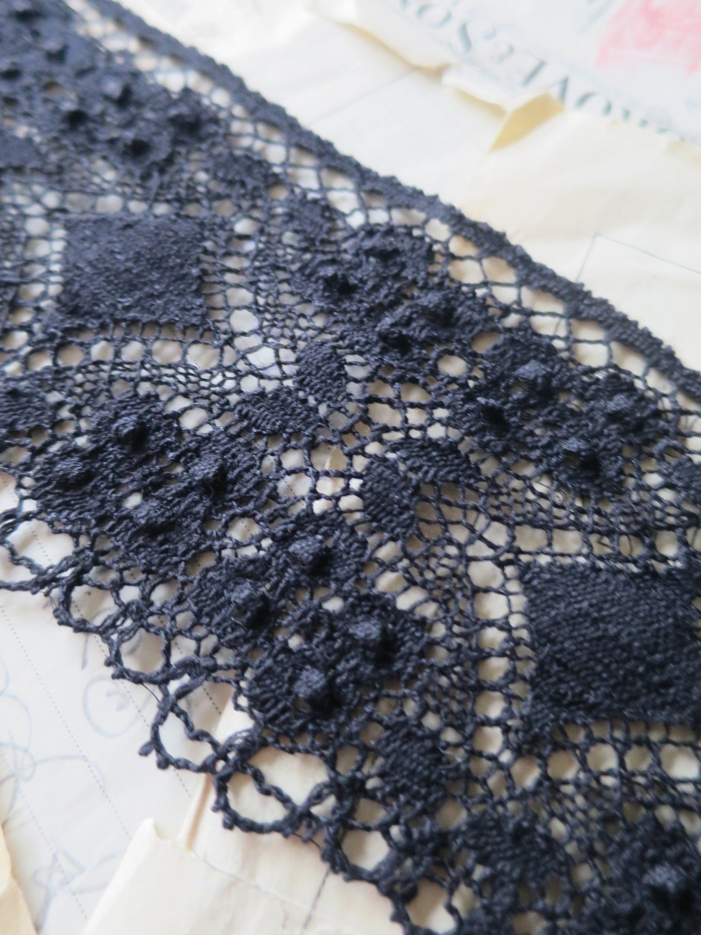 Black English Nottingham Cluny Lace- Diamond & Raised Spots Torchon Guipure - 9 cm