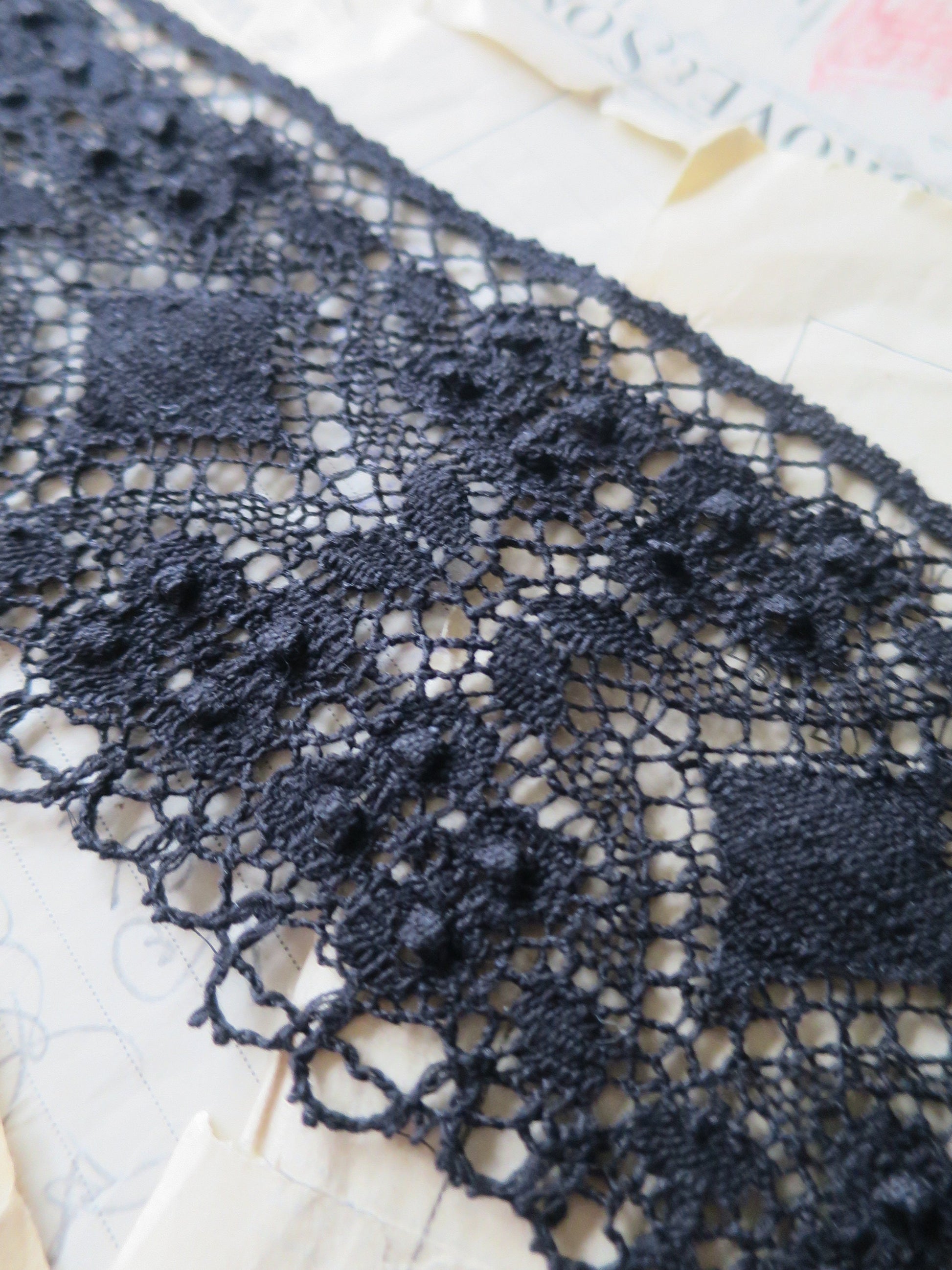 Black English Nottingham Cluny Lace- Diamond & Raised Spots Torchon Guipure - 9 cm