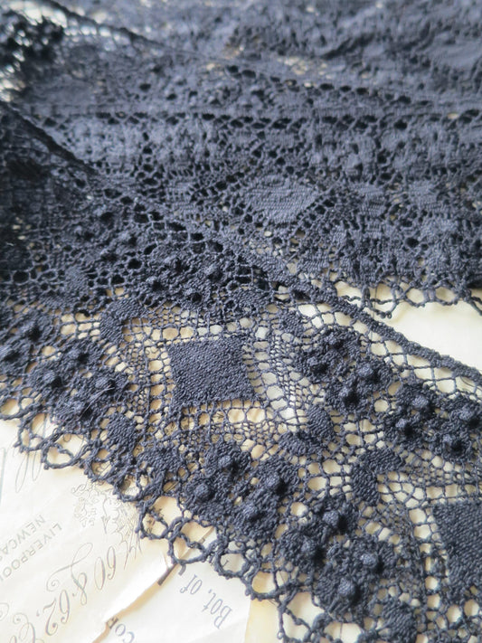 Black English Nottingham Cluny Lace- Diamond & Raised Spots Torchon Guipure - 9 cm