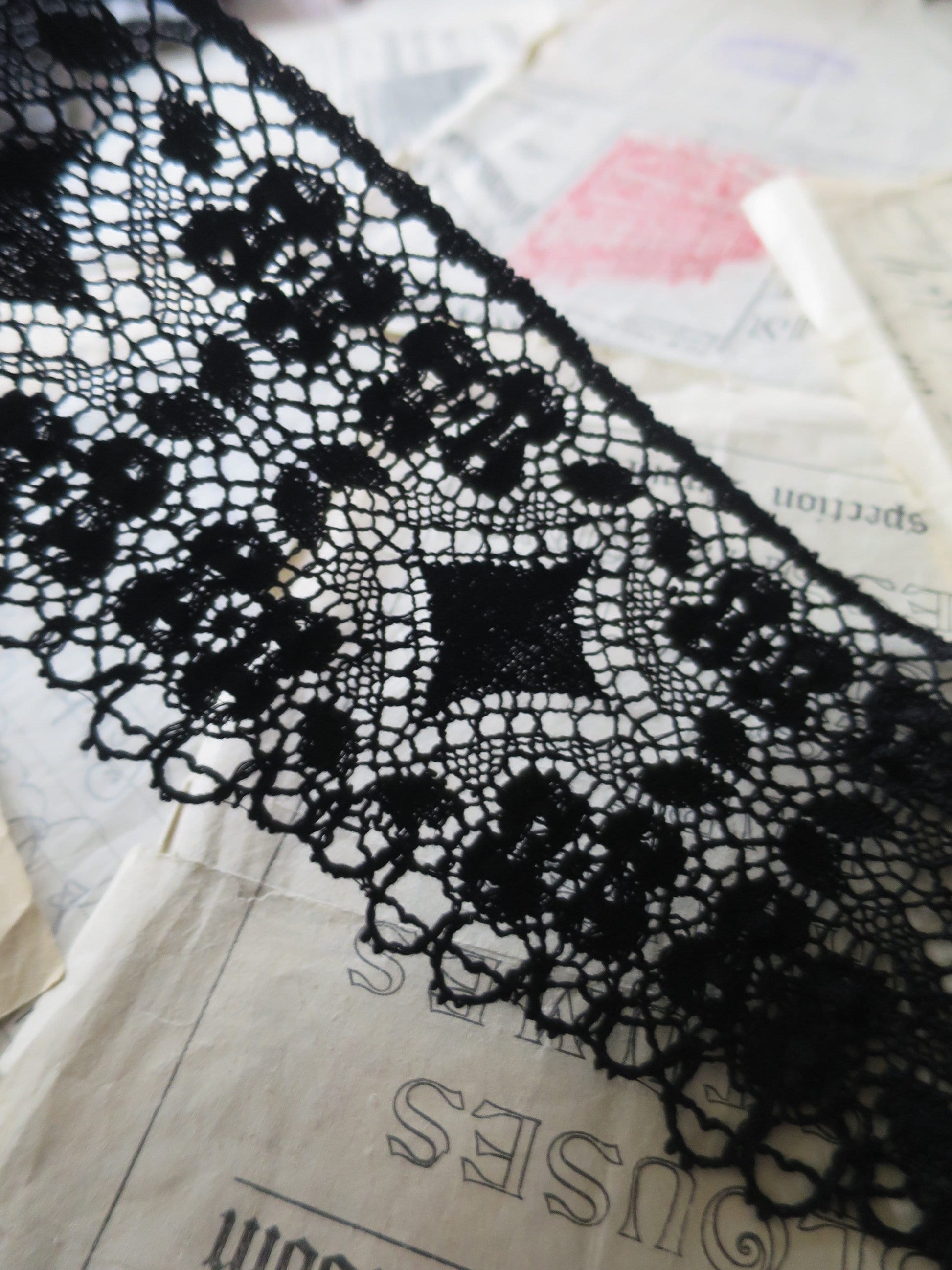 Black English Nottingham Cluny Lace- Diamond & Raised Spots Torchon Guipure - 9 cm