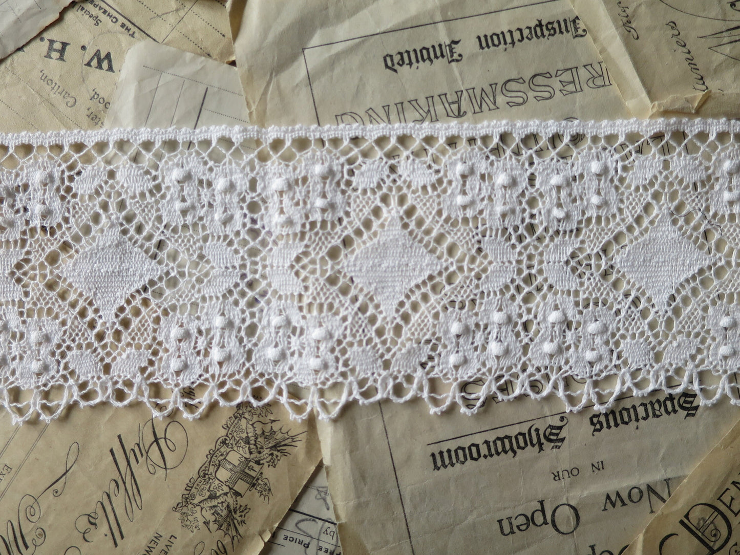Off White English Nottingham Cluny Lace- Diamond & Raised Spots Torchon Guipure - 8.5 cm