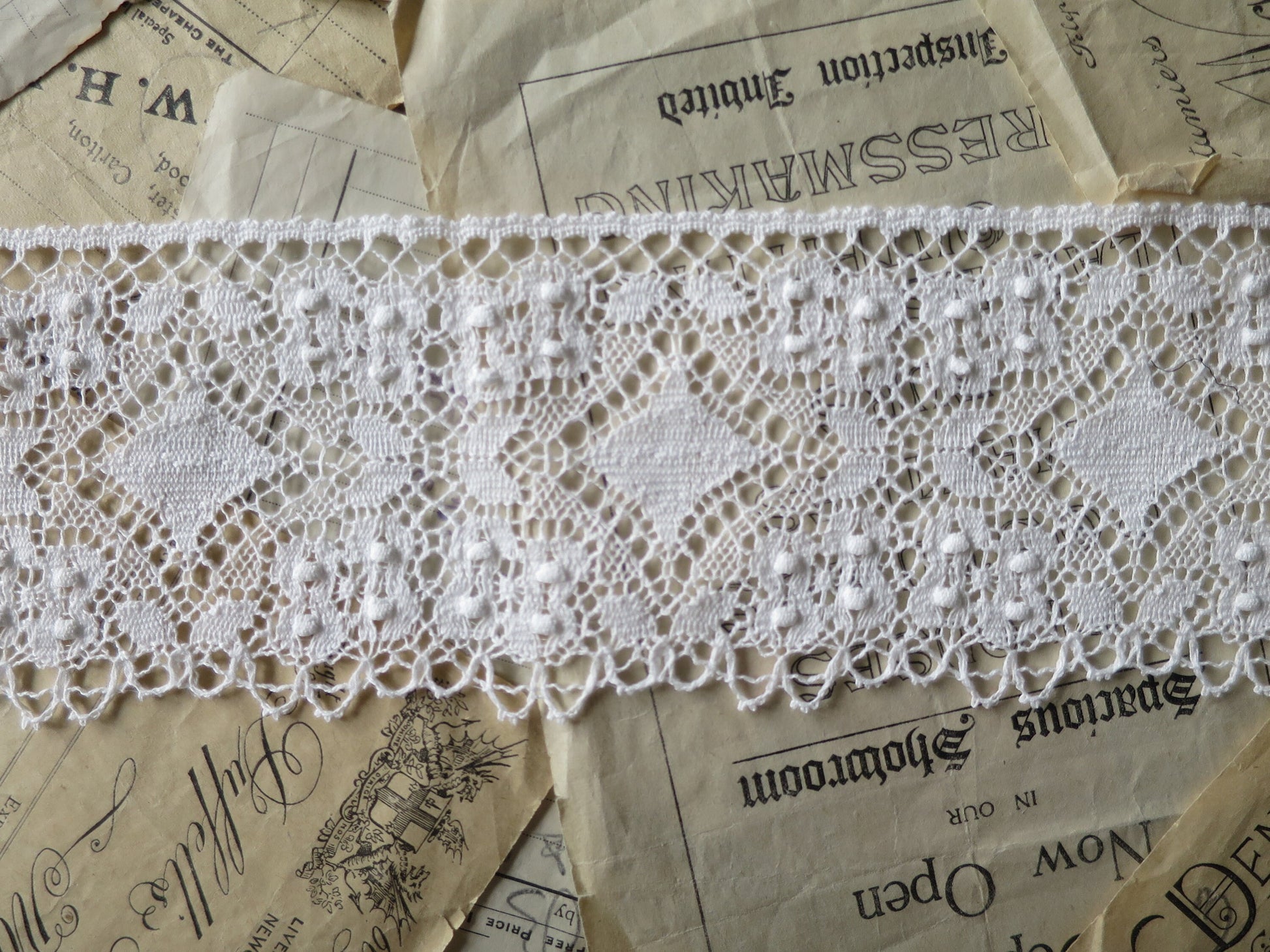 Off White English Nottingham Cluny Lace- Diamond & Raised Spots Torchon Guipure - 8.5 cm