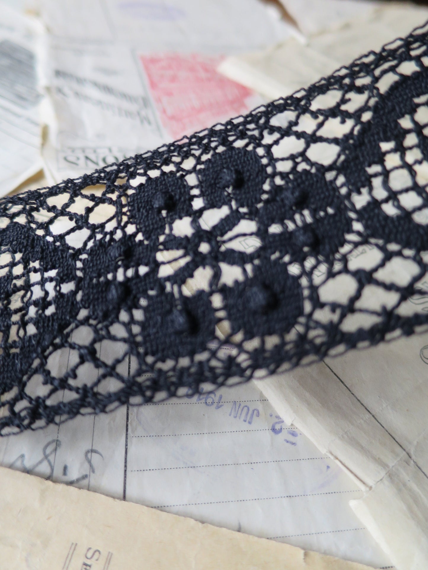 Black English Nottingham Cluny Lace- Raised Floral & Oval Torchon Guipure- Insertion- 6 cm