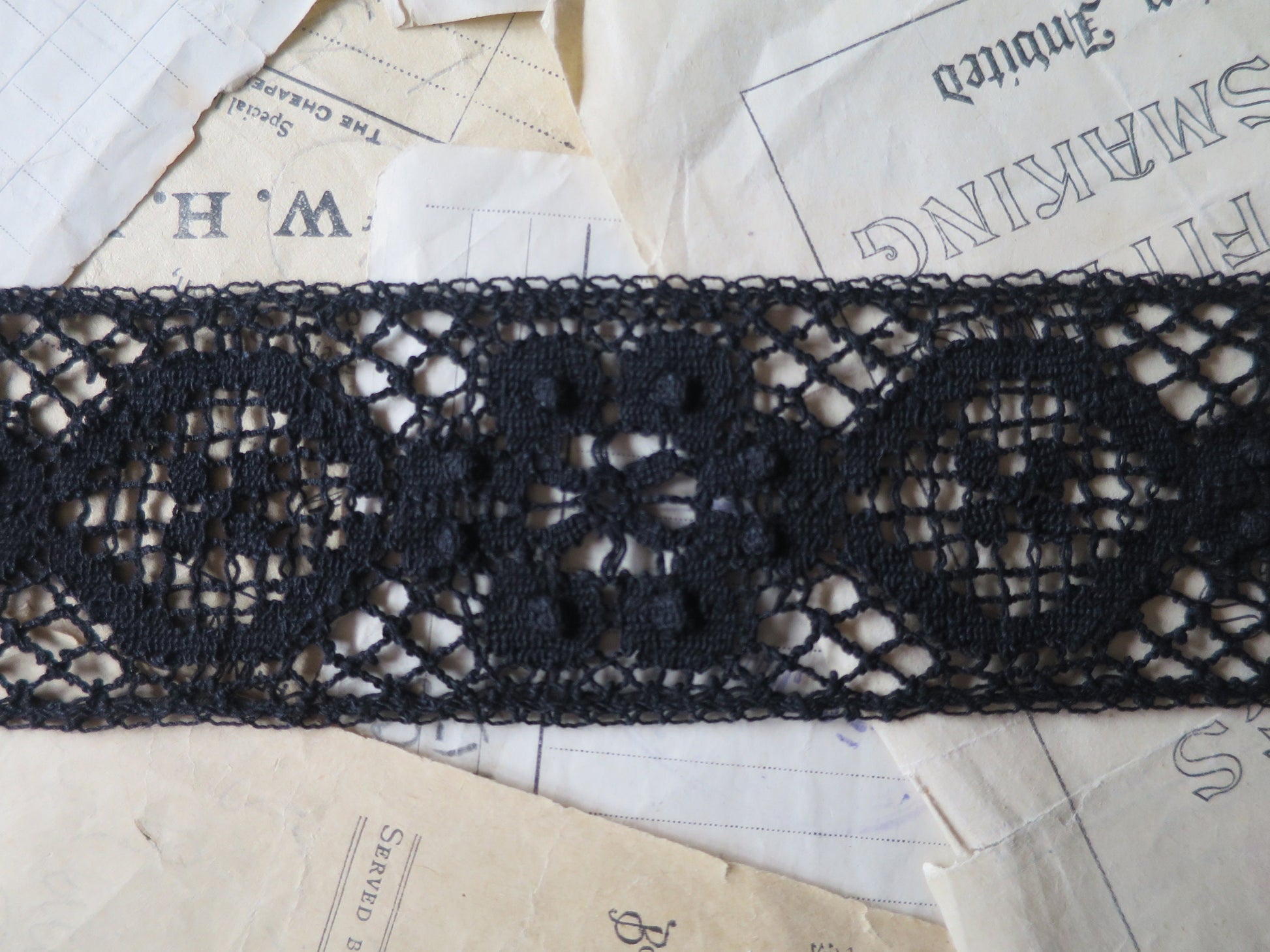 Black English Nottingham Cluny Lace- Raised Floral & Oval Torchon Guipure- Insertion- 6 cm