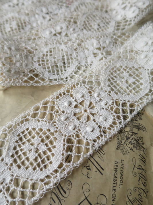 Ecru English Nottingham Cluny Lace- Raised Floral & Oval Torchon Guipure- Insertion- 6 cm