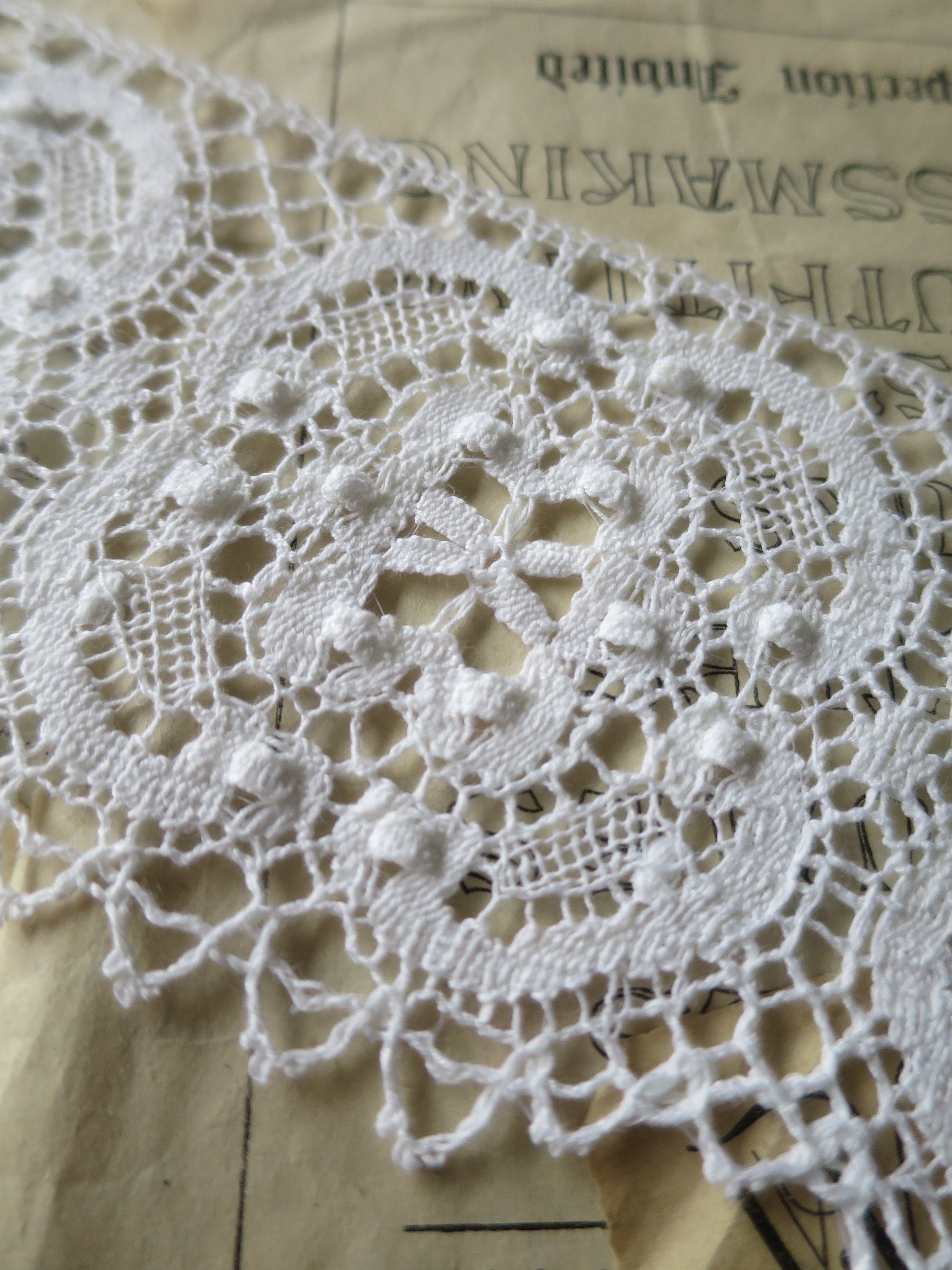 White English Nottingham Cluny Lace- Raised Torchon Roses Guipure - 8.5 cm