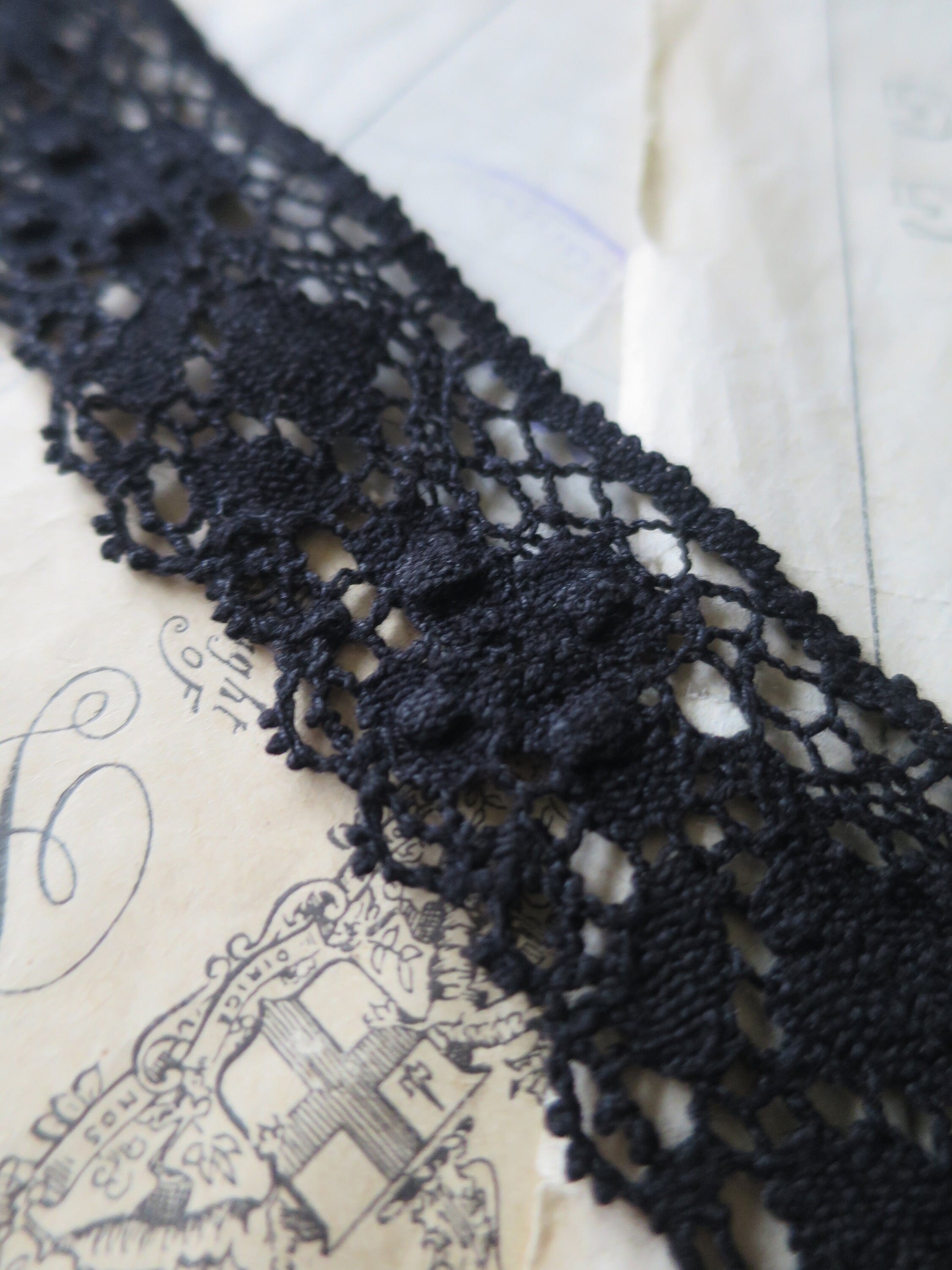 Black English Nottingham Cluny Lace- Diamond & Raised Spots Torchon Guipure - 4.3 cm