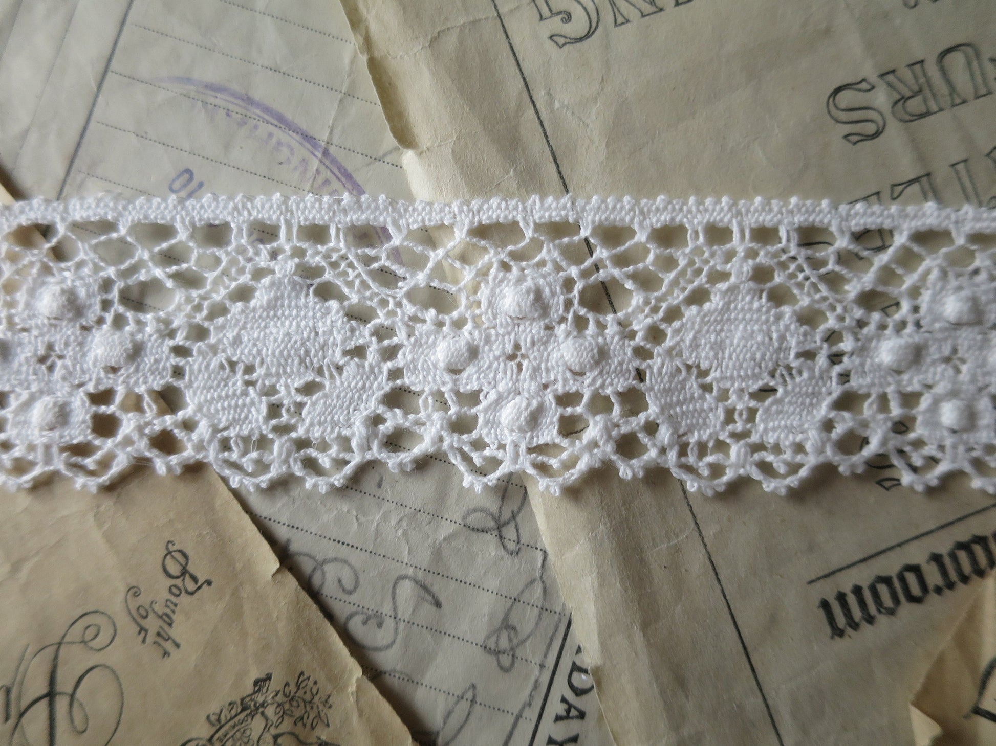 Off White English Nottingham Cluny Lace- Diamond & Raised Spots Torchon Guipure - 4.3 cm
