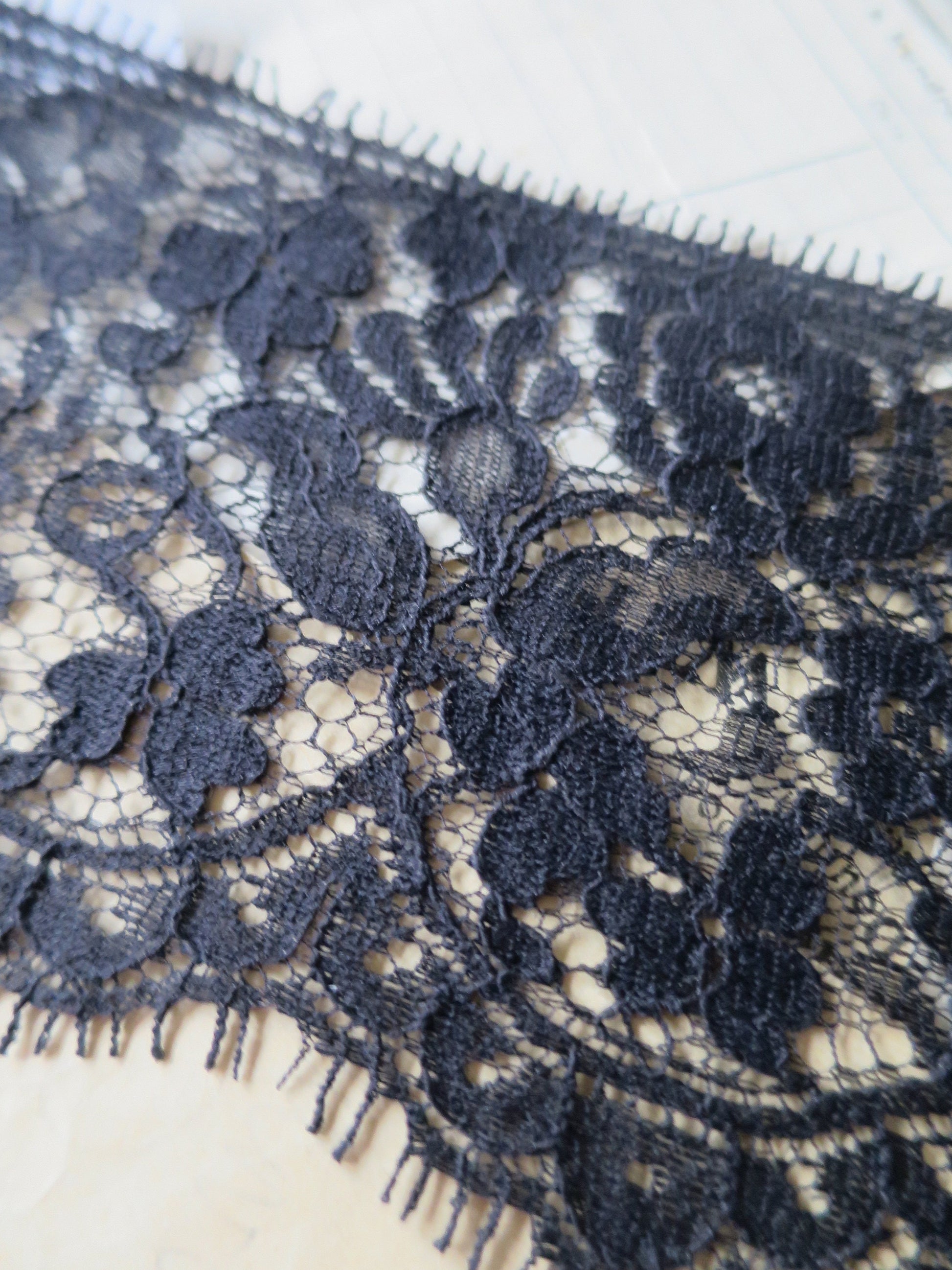 Black English Nottingham Lace- Floral Honiton - 9.8 cm Sold by the Half Meter