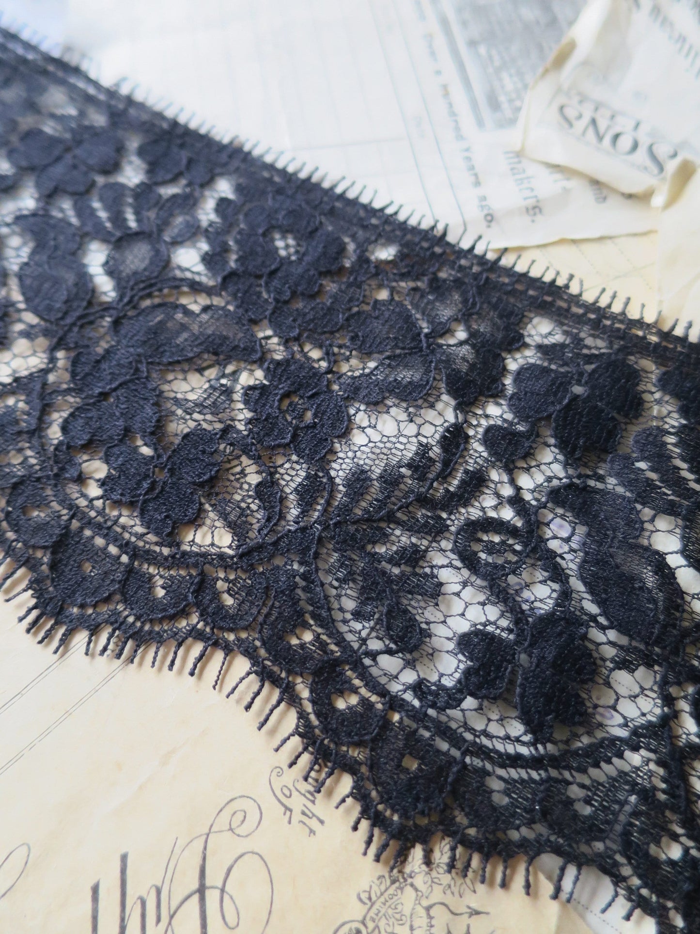 Black English Nottingham Lace- Floral Honiton - 9.8 cm Sold by the Half Meter