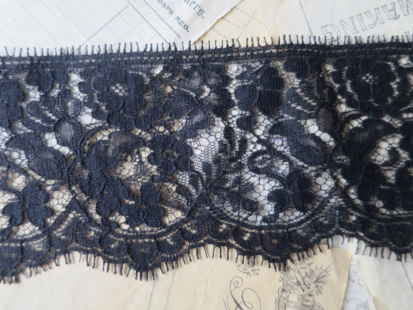 Black English Nottingham Lace- Floral Honiton - 9.8 cm Sold by the Half Meter