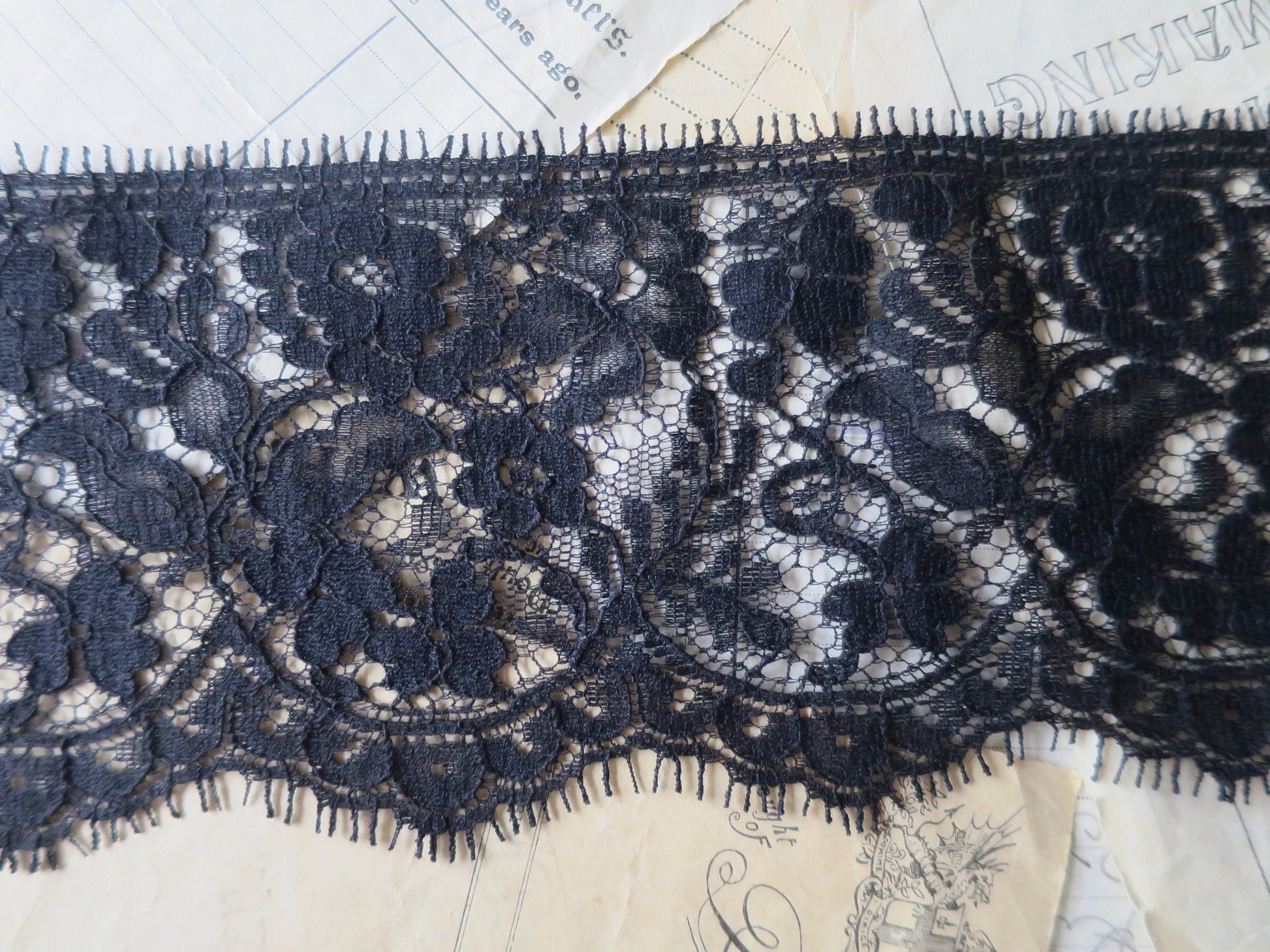 Black English Nottingham Lace- Floral Honiton - 9.8 cm Sold by the Half Meter