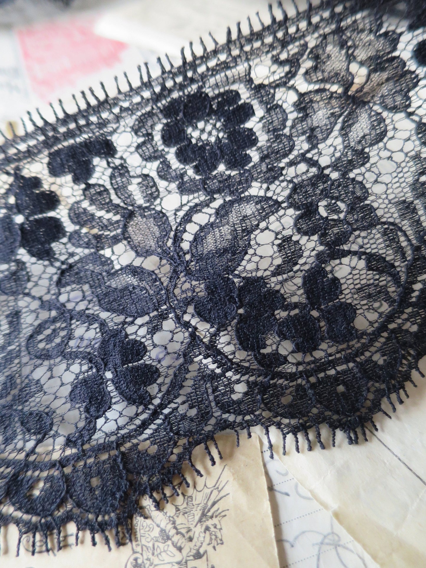 Black English Nottingham Lace- Floral Honiton - 9.8 cm Sold by the Half Meter