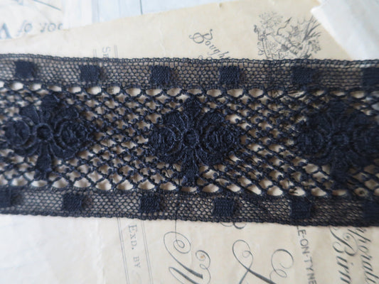 Black English Nottingham Lace- Scalloped Trellis Guipure- Insertion- 5.5 cm