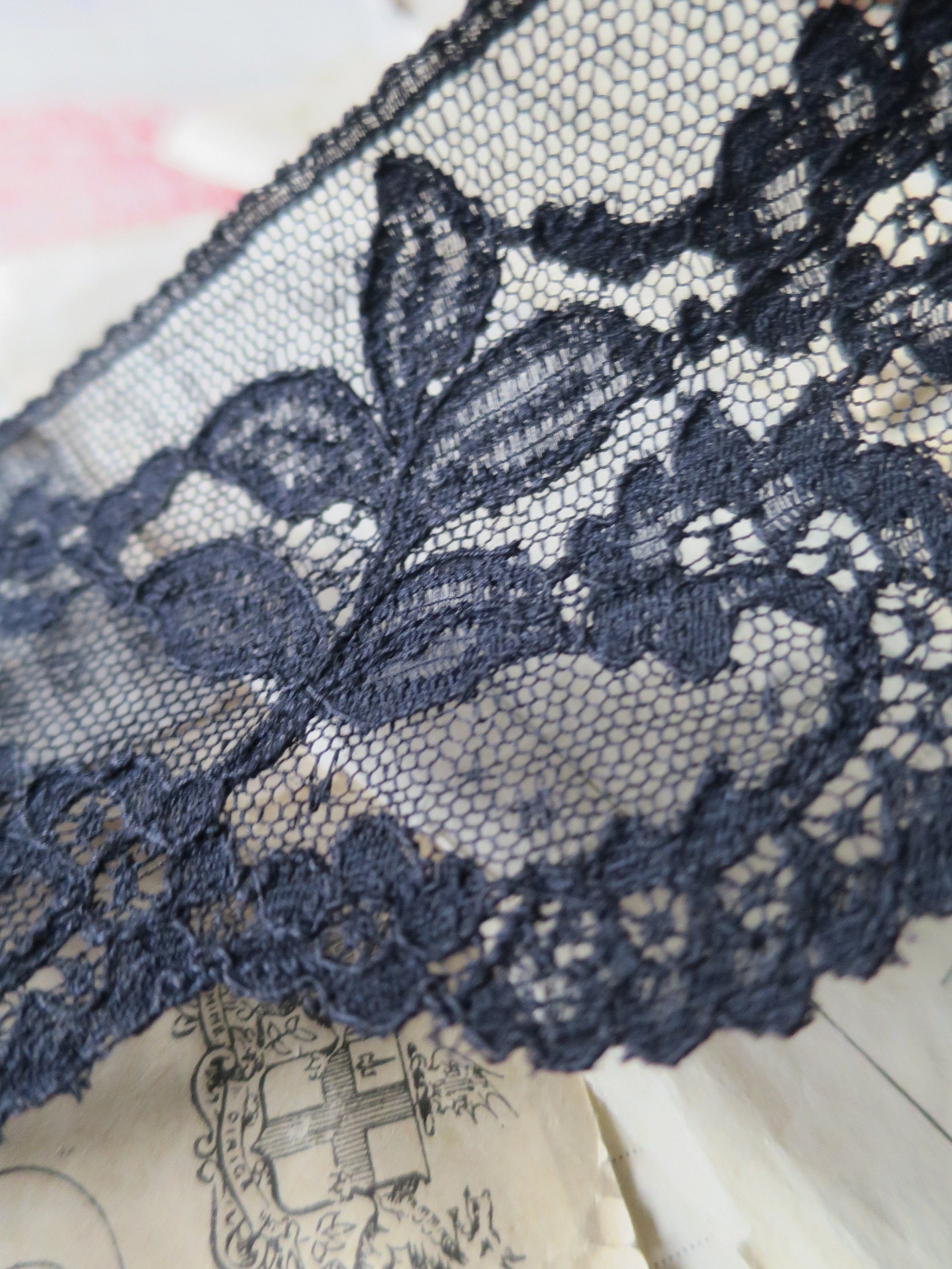 Black English Nottingham Lace- Chantilly Swags & Flowers 7.5 cm