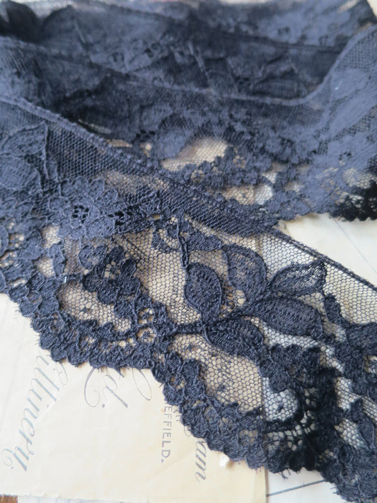 Black English Nottingham Lace- Chantilly Swags & Flowers 7.5 cm