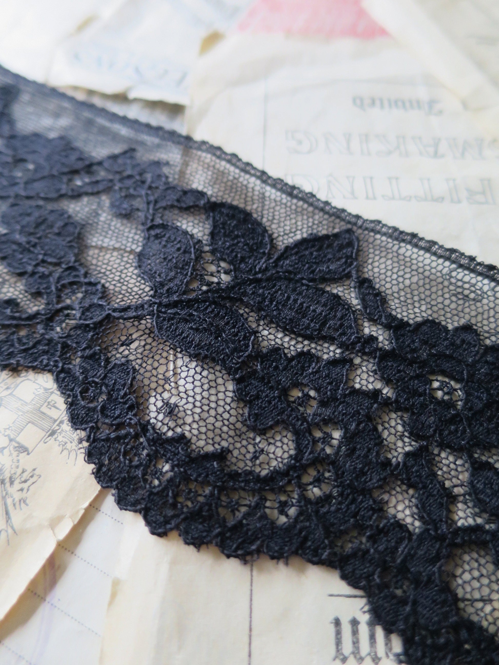 Black English Nottingham Lace- Chantilly Swags & Flowers 7.5 cm