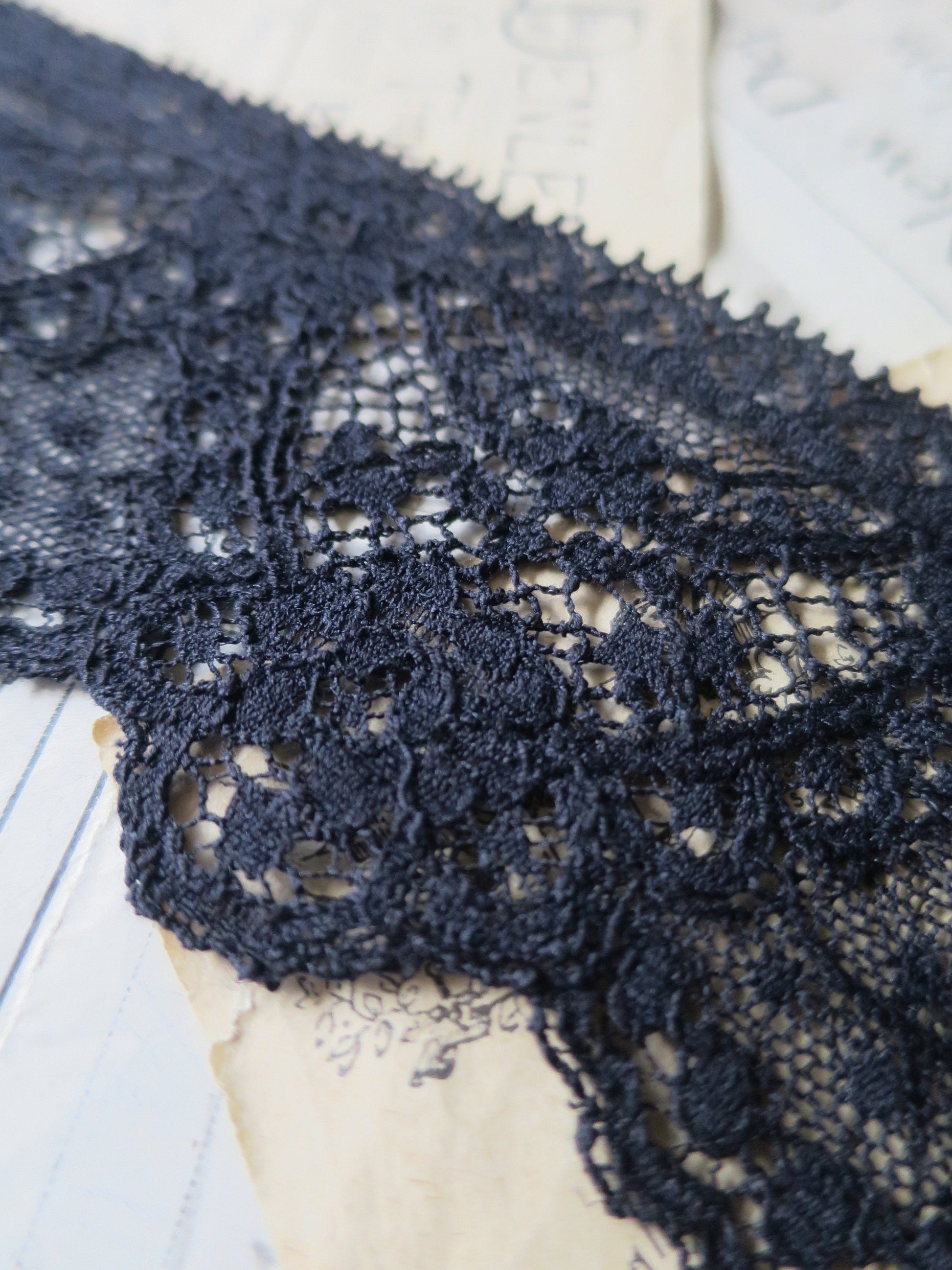Black English Nottingham Lace- Swags & Cartouches Point Lace- 7.5 cm