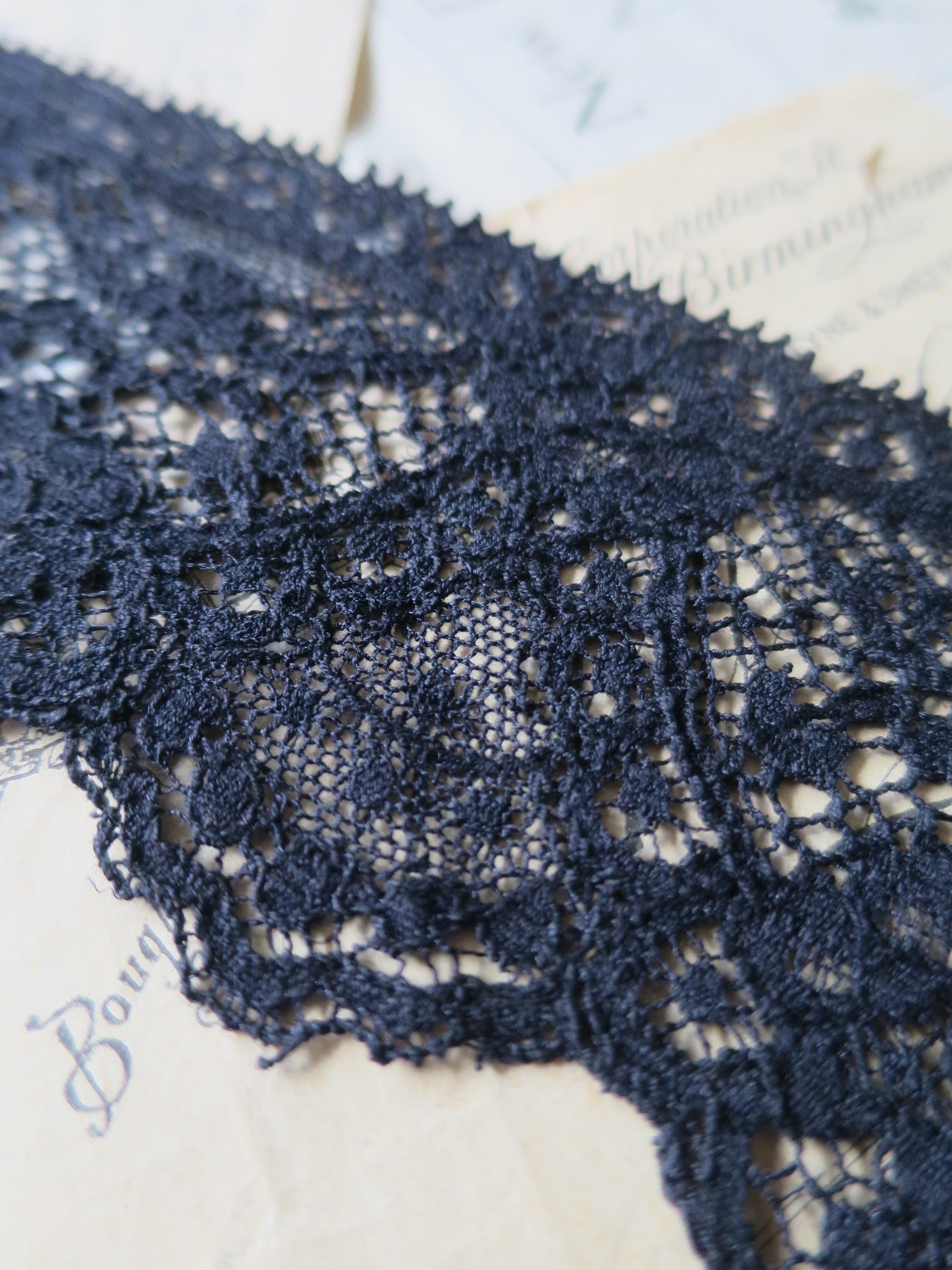 Black English Nottingham Lace- Swags & Cartouches Point Lace- 7.5 cm